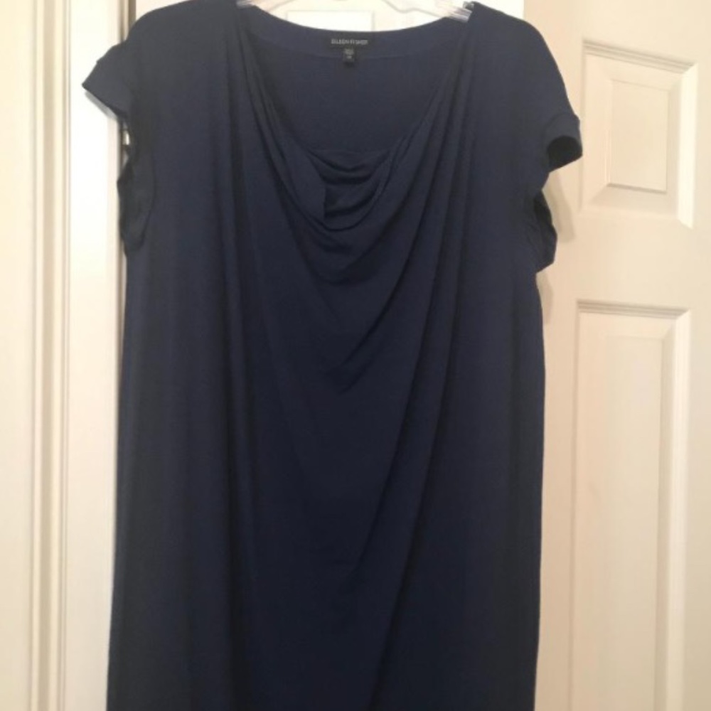 Eileen Fisher drape neck dres; navy blue